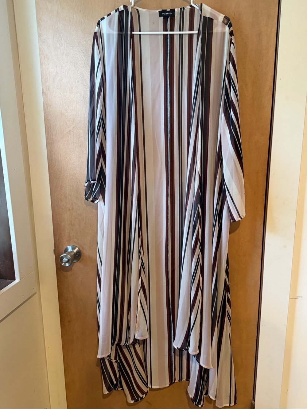 TORRID Striped Open Cardigan - Burgundy, Black & Cream